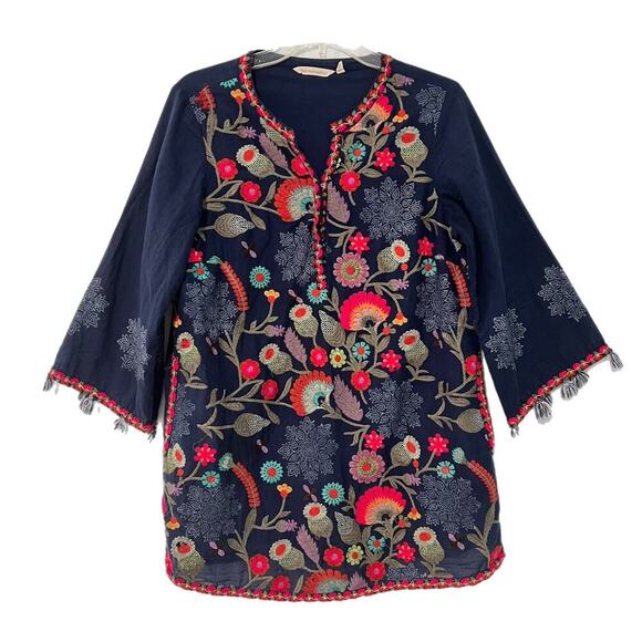 Soft Surroundings Paraiso Tunic Women's M Blue Embroidered Floral Cotton - Picture 1 of 15
